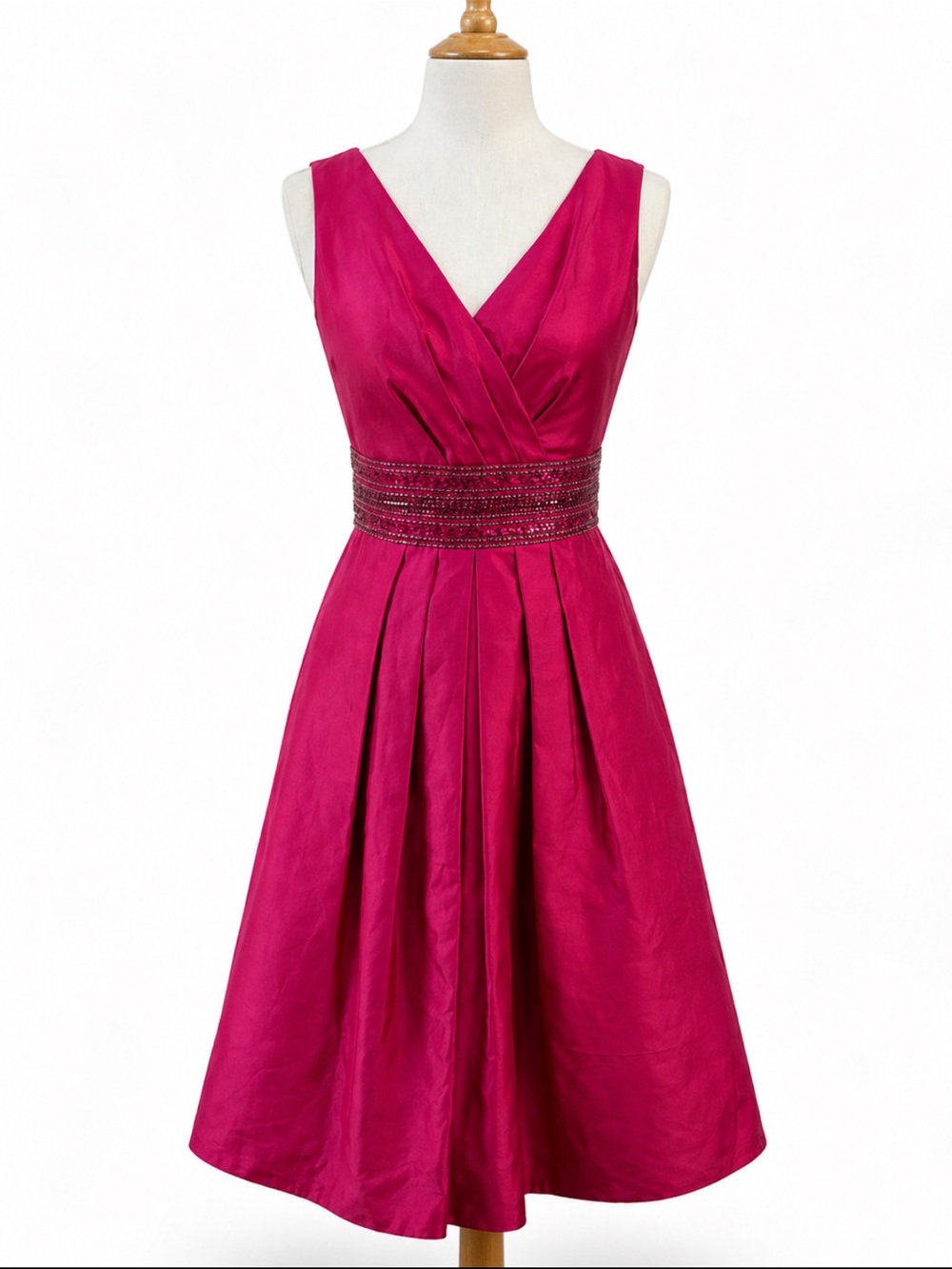 NWT JS Boutique Fuchsia Pink Beaded Waist Pleated V-Neck Cocktail Dress 0